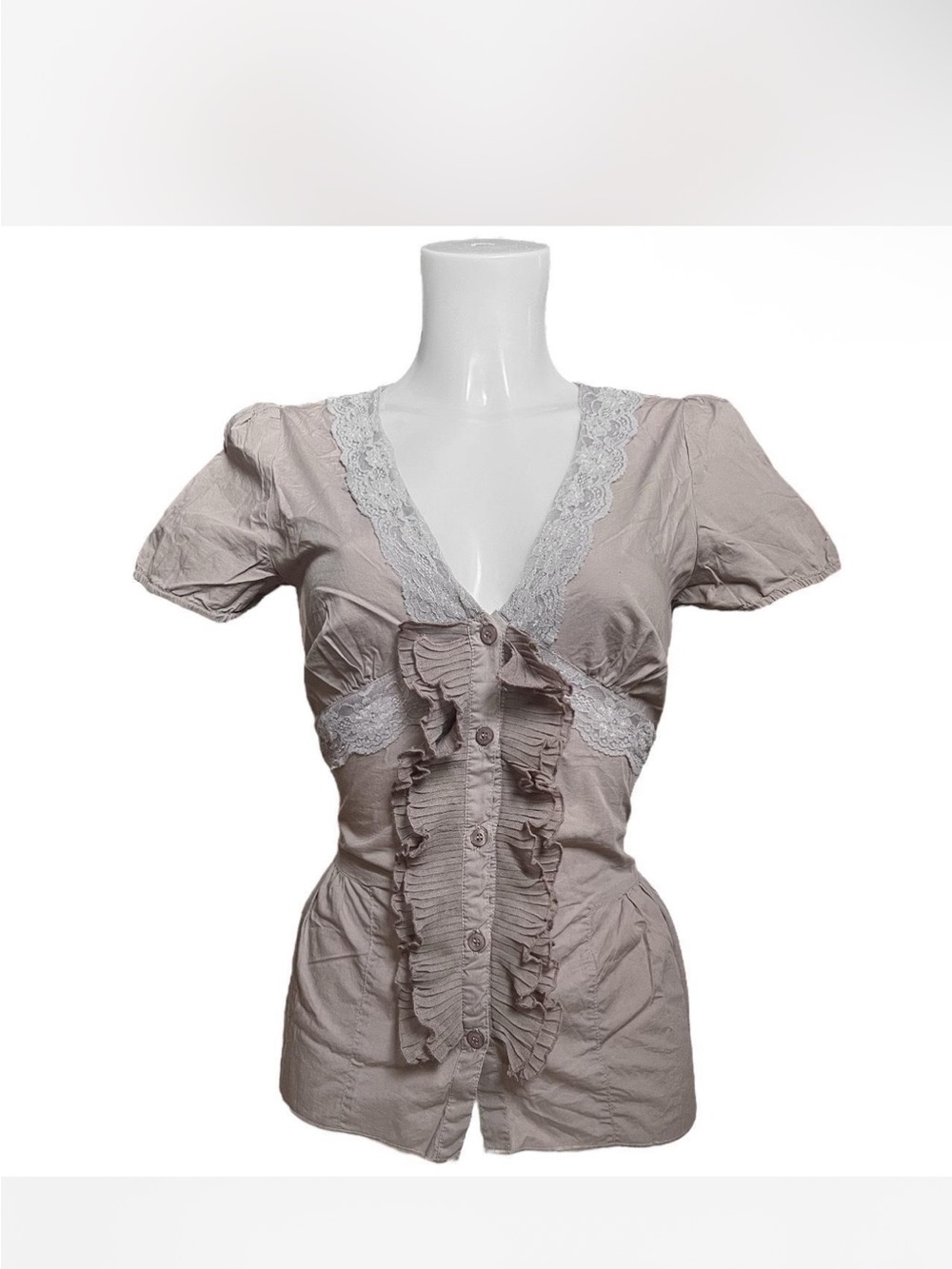 Morgan de Toi Taupe Lace-Trim Ruffle Button Front Blouse